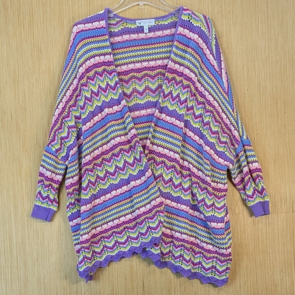 Jessica Simpson Boho Multi Color Chevron Crochet Knit Open Front Cardigan Small